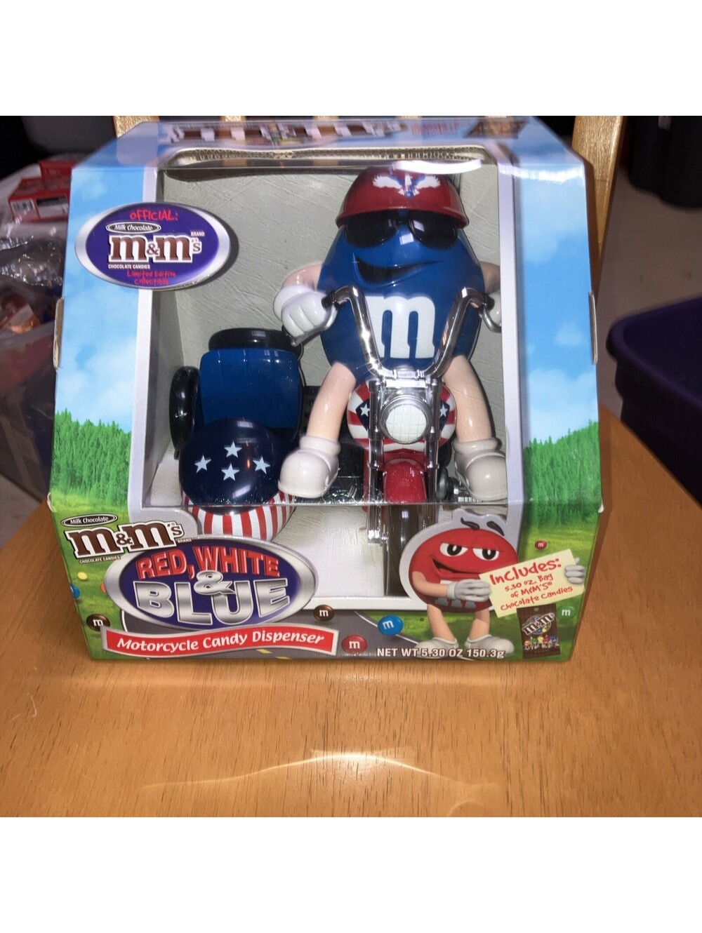 M&M's Vintage 90’s Candy Dispenser Red White & Blue Motorcycle New In Box
